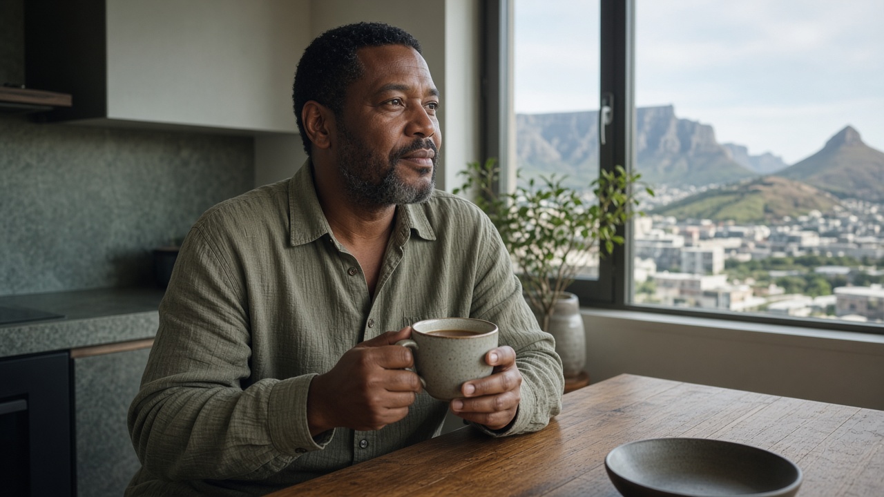 Man with a mug of herbal tea at a Cape Town kitchen table